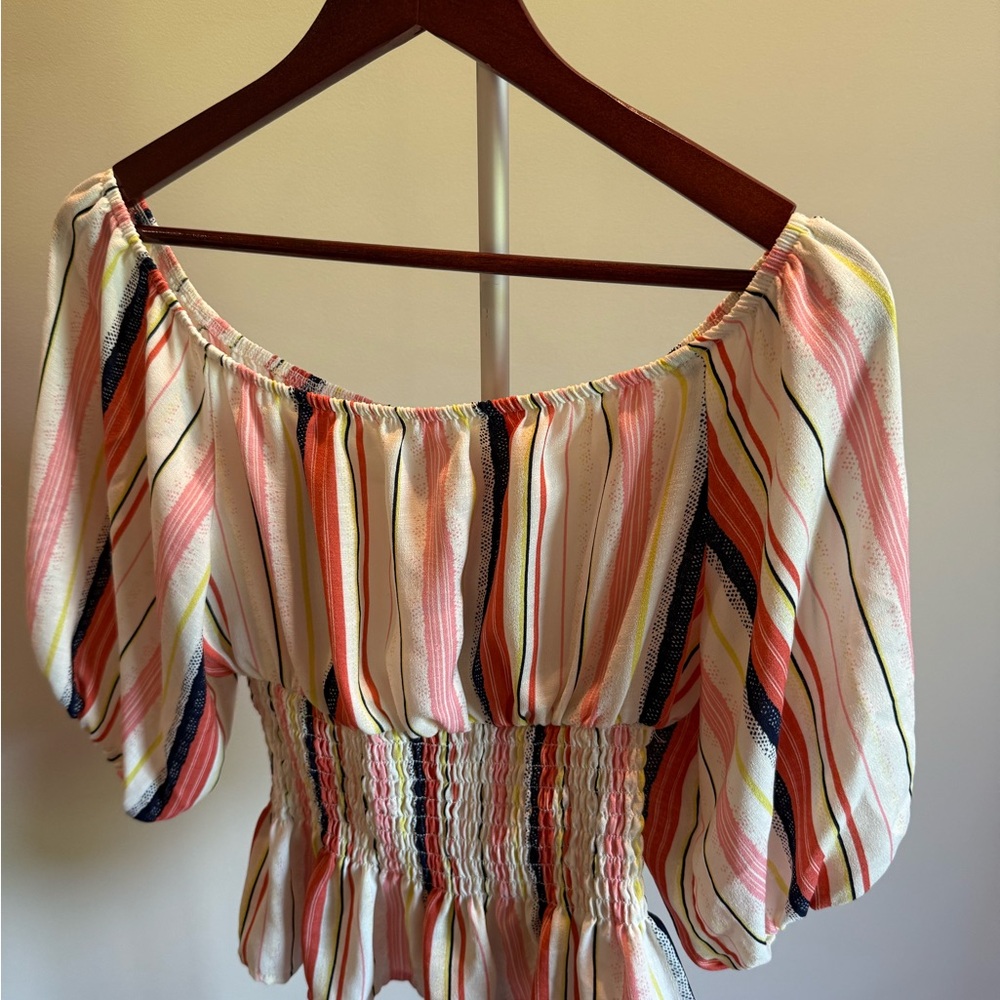 VENUS Pink and White Smocked Ruffled Blouse